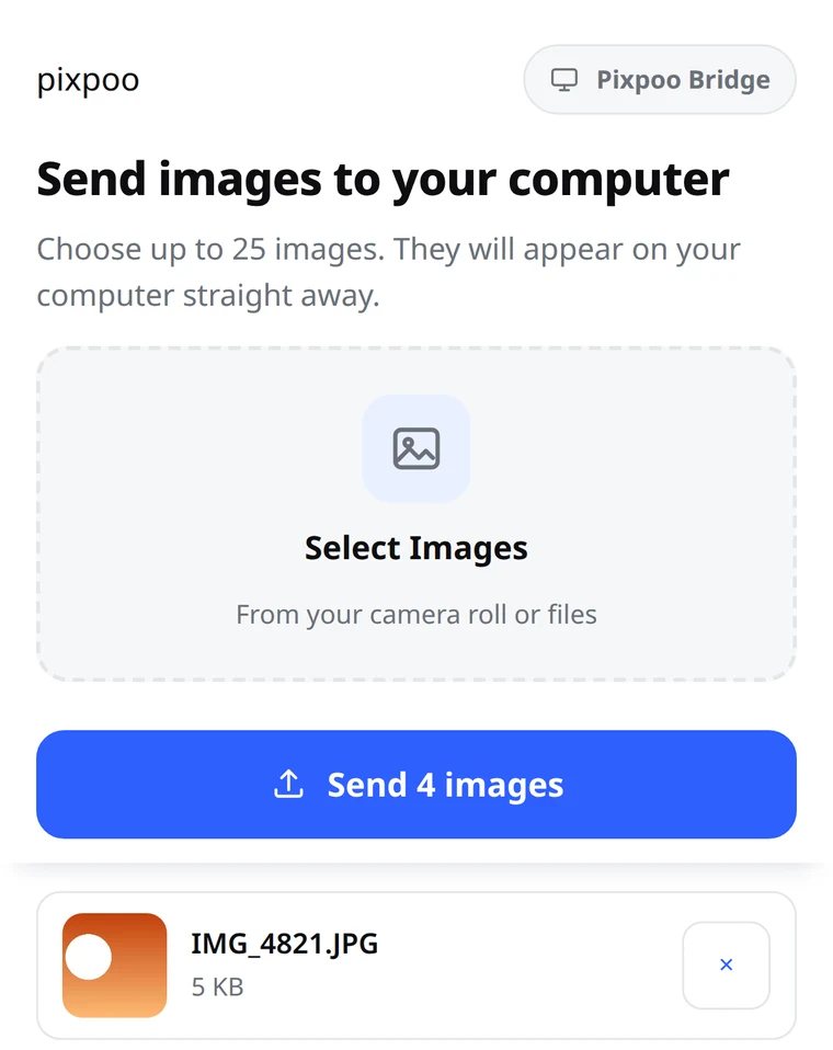 The Pixpoo Bridge page as it appears on a phone: a Select Images button, a Send button, and the chosen photographs listed below it