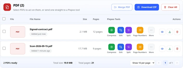 Two transferred PDFs on the computer showing page counts and the Compress, Edit, Split and Page Numbers tools, with Merge PDF and Download ZIP above