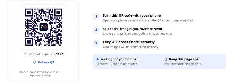 The Pixpoo Bridge QR screen: a QR code with an expiry countdown, next to three numbered instructions