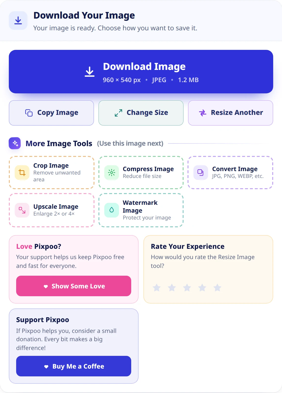 The download screen: a large download button showing the dimensions, format and file size, then Copy Image, Change Settings and Compress Another, then a row of tiles for the other image tools.