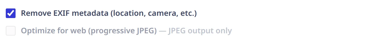 The more options checkbox: remove EXIF metadata, ticked