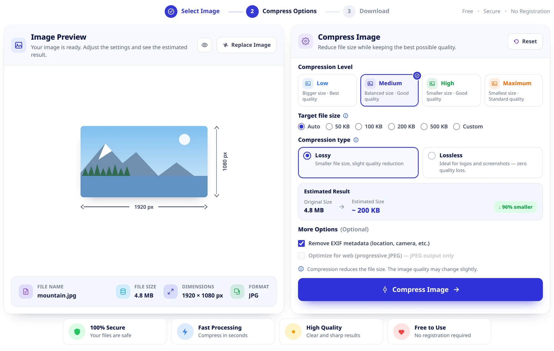 The compress options screen: the image preview on the left with its measurements and file facts, and on the right the compression level tiles, target file size row, lossy and lossless cards, estimated result panel, more options and the Compress Image button.
