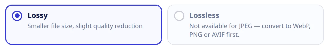 The lossless card greyed out, reading not available for JPEG, convert to WebP, PNG or AVIF first