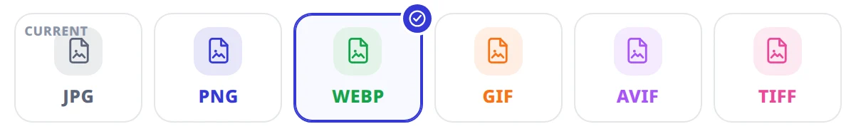 The six format cards — WebP, JPEG marked as current, PNG, AVIF, TIFF and GIF — each with its extension badge and a one-line description