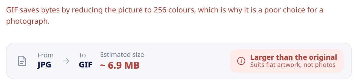 GIF selected: a note that GIF has no quality setting, and the estimate reading larger than the original