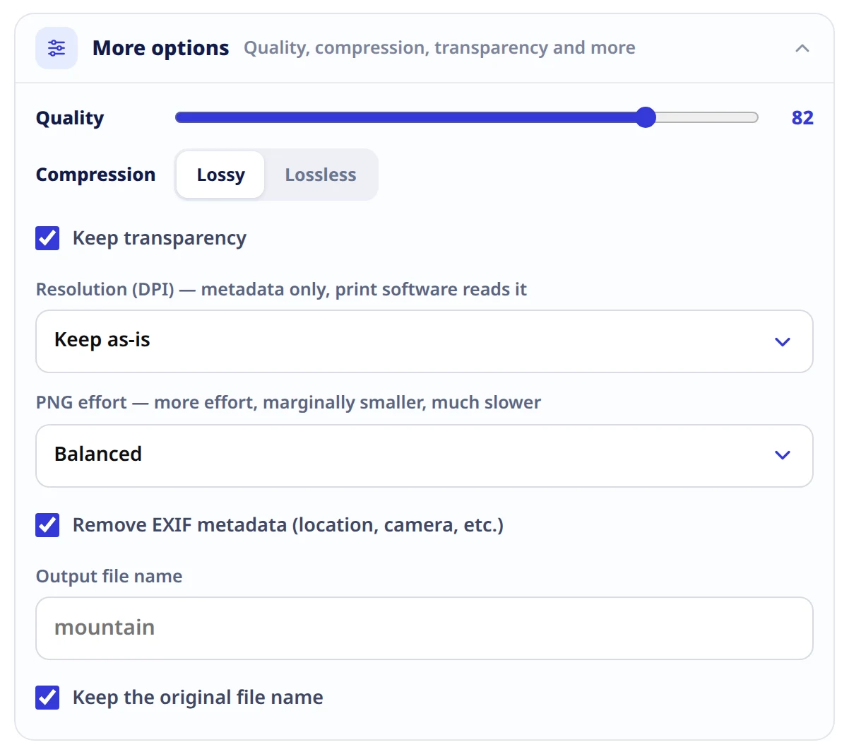 The More options panel: keep transparency, resolution, PNG effort, remove EXIF metadata, resize while converting, and output file name