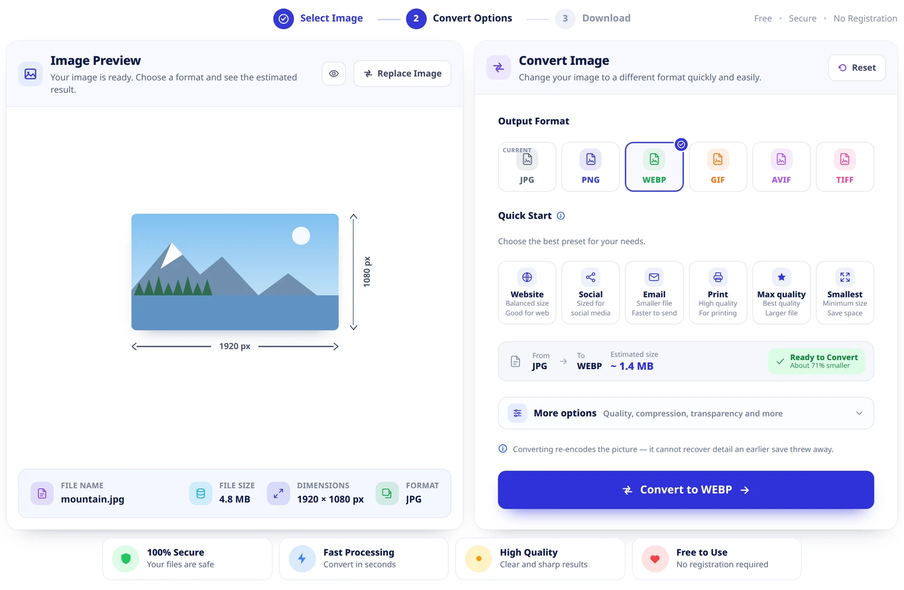 The convert options screen: the image preview with its measurements and file facts on the left, and on the right the Output Format tiles, the Quick Start presets, the estimate panel, More options and the Convert to WEBP button.