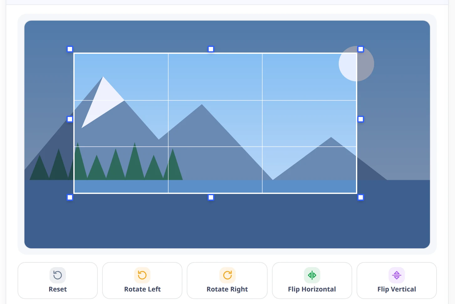 The crop canvas with a selection box, eight white handles and a rule-of-thirds grid, above a row of five tool buttons