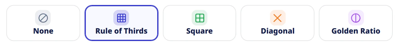 Five grid options: None, Rule of Thirds selected, Square, Diagonal and Golden Ratio