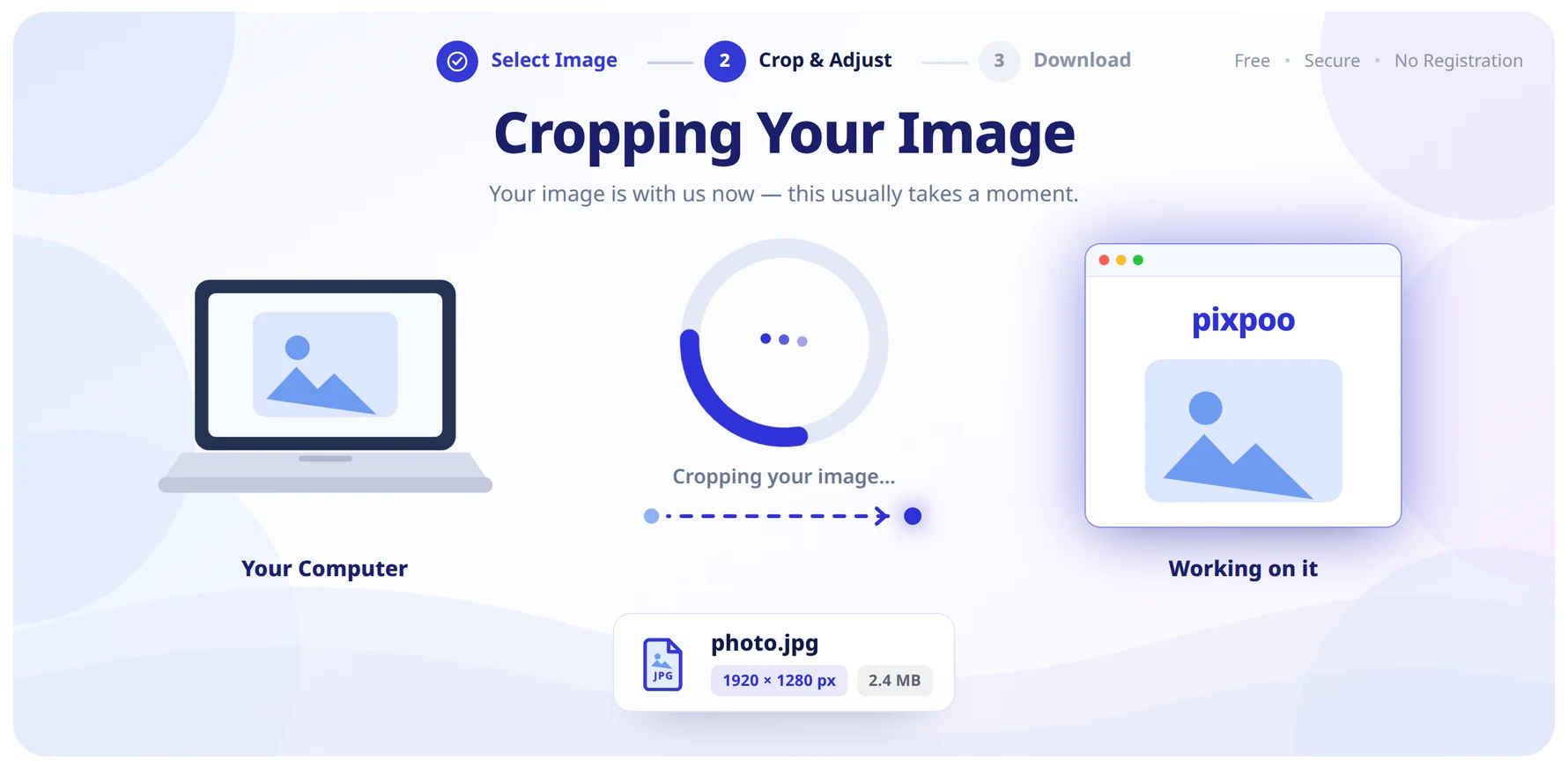 The progress screen: a spinner between an illustration of a laptop and a browser window, reading Cropping Your Image, with the file name, dimensions and size on a card beneath.