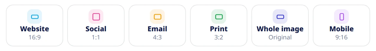 Six quick-start tiles: Website 16:9, Social 1:1, Email 4:3, Print 3:2, Whole image Original and Mobile 9:16