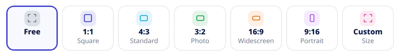 Seven aspect ratio tiles: Free, 1:1 Square, 4:3 Standard, 3:2 Photo, 16:9 Widescreen, 9:16 Portrait and Custom Size