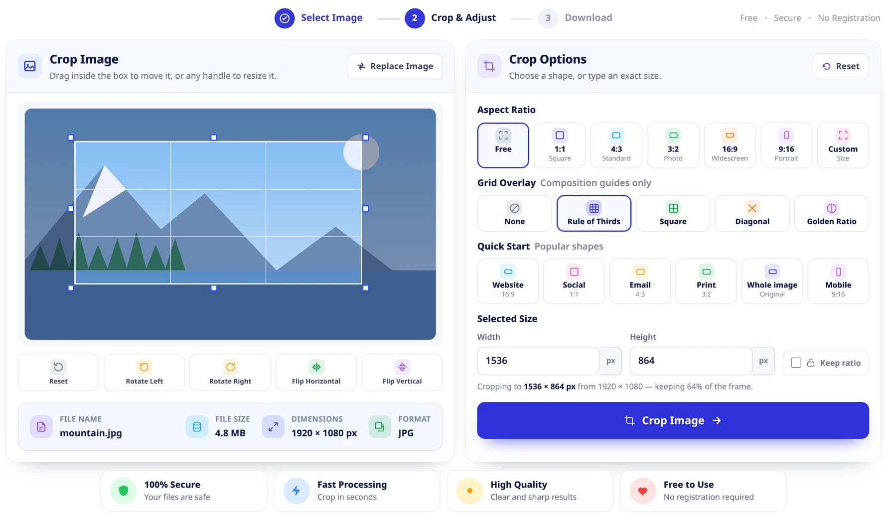 The crop screen: the picture with its selection box and tool row on the left, and on the right the Aspect Ratio tiles, Grid Overlay, Quick Start, Selected Size and the Crop Image button.