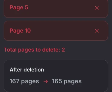 The Pages to Delete panel listing selected pages with a running total and the resulting page count