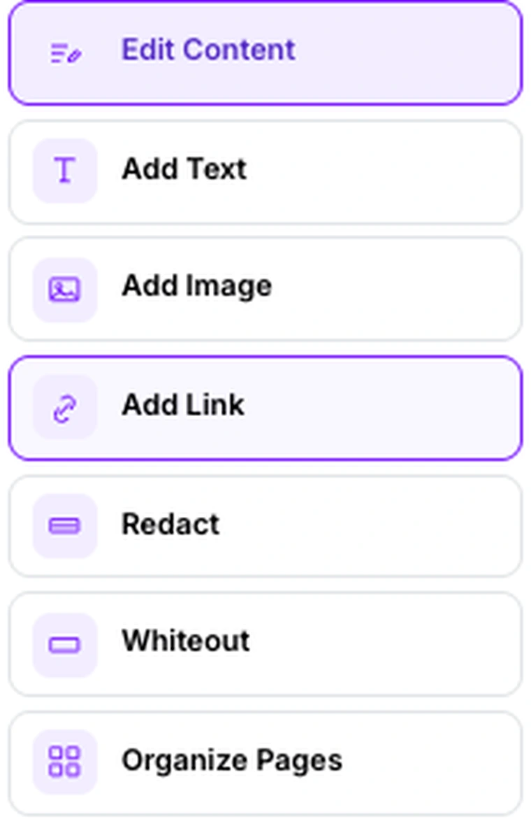 The Edit Options panel in Pixpoo Edit PDF with Edit Content, Add Text, Add Image, Add Link, Redact, Whiteout and Organize Pages