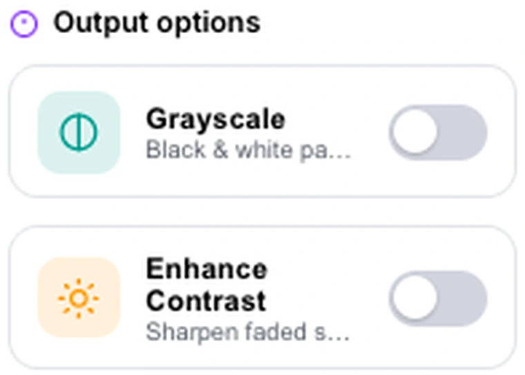 The Grayscale and Enhance Contrast output toggles in Pixpoo Edit PDF