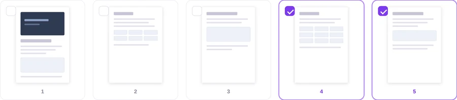 A grid of page thumbnails with two pages ticked for extraction
