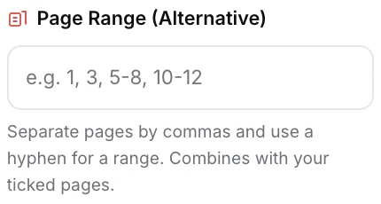 The Page Range field with its hint about combining with ticked pages