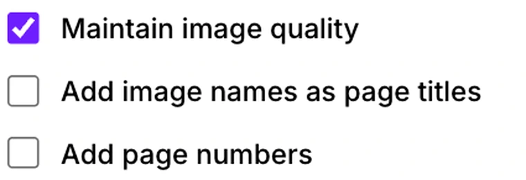 The Maintain image quality, page titles and page numbers checkboxes in Pixpoo JPG to PDF