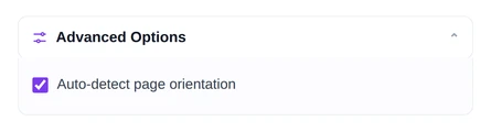 Advanced Options expanded, showing the auto-detect page orientation checkbox