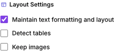 The three layout checkboxes: maintain formatting, detect tables, keep images