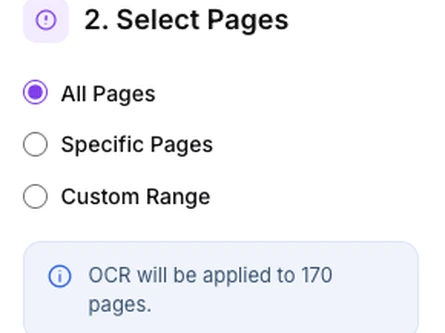 The Select Pages panel with All Pages, Specific Pages and Custom Range