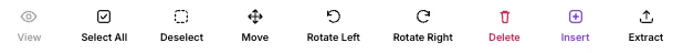 The toolbar with View, Select All, Deselect, Move, Rotate Left, Rotate Right, Delete, Insert and Extract