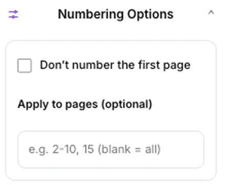 Numbering Options showing the skip-first checkbox and the apply-to-pages field
