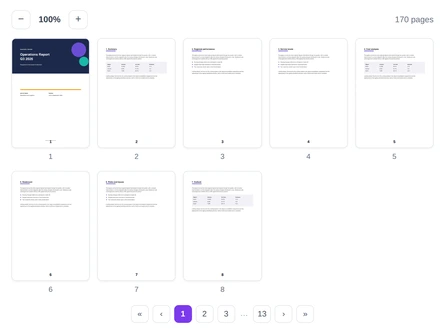 The preview grid showing eight numbered page thumbnails with a pager beneath