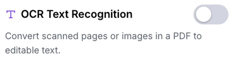The OCR Text Recognition toggle in Pixpoo PDF to Word