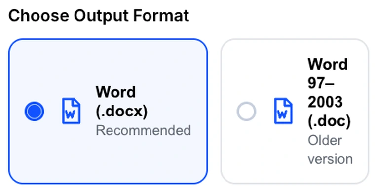 The output format selector in Pixpoo PDF to Word, with Word (.docx) selected