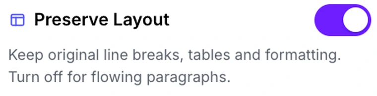 The Preserve Layout toggle in Pixpoo PDF to Word, switched on