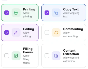 The six permission toggles: Printing, Copy Text, Editing, Commenting, Filling Forms and Content Extraction