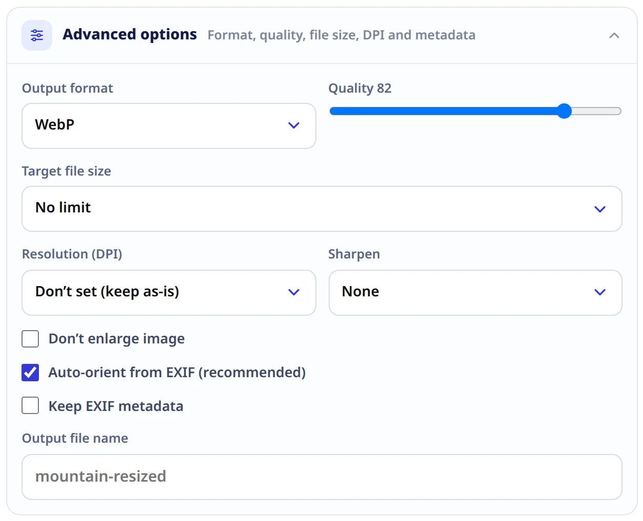 The Advanced options panel open, showing output format and quality, target file size, resolution and sharpen dropdowns, the don’t-enlarge, auto-orient and keep-metadata checkboxes, and the output file name field.