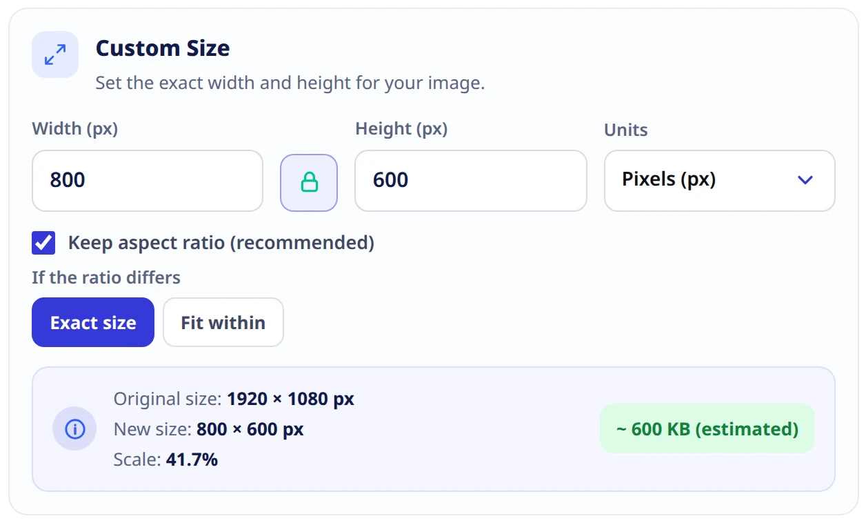 The Custom Size pane: width and height boxes with the aspect-ratio lock between them, a units dropdown, the keep-aspect-ratio checkbox, an exact-size or fit-within choice, and a strip showing the original size, the new size and the scale.