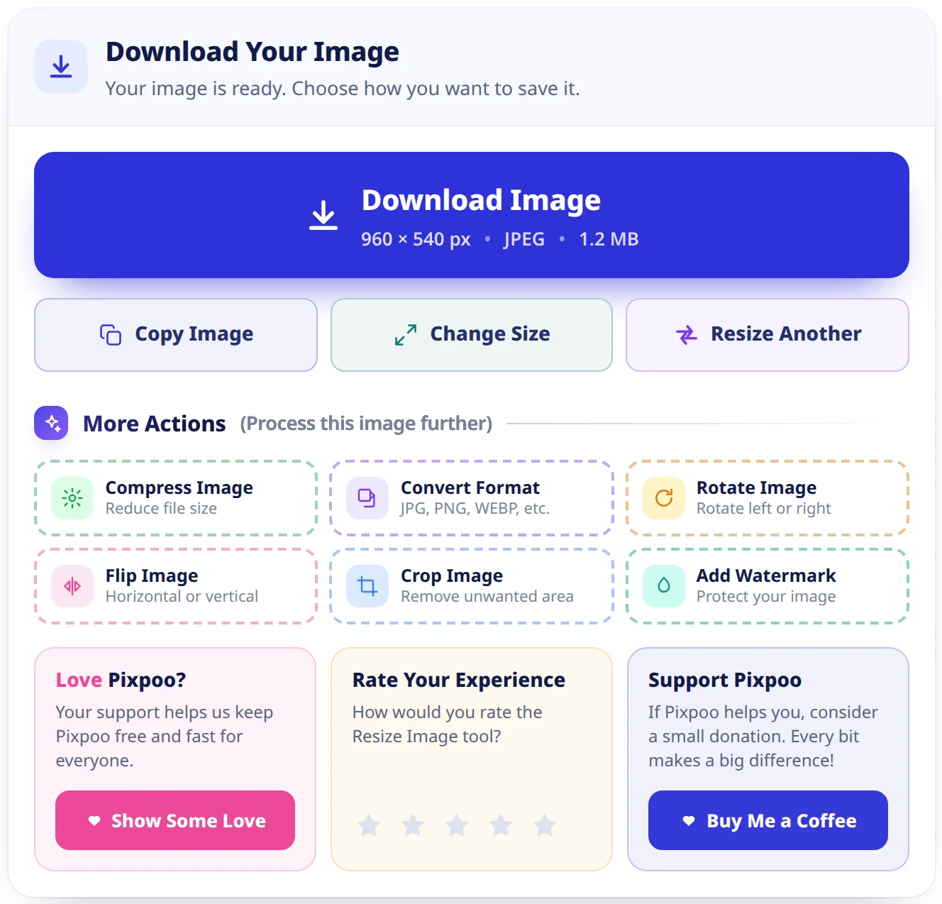 The download panel: a large Download Image button, then Copy Image, Change Size and Resize Another, then a More Actions grid of six tools.