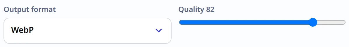 The output format dropdown set to WebP, with the quality slider beside it at 82.