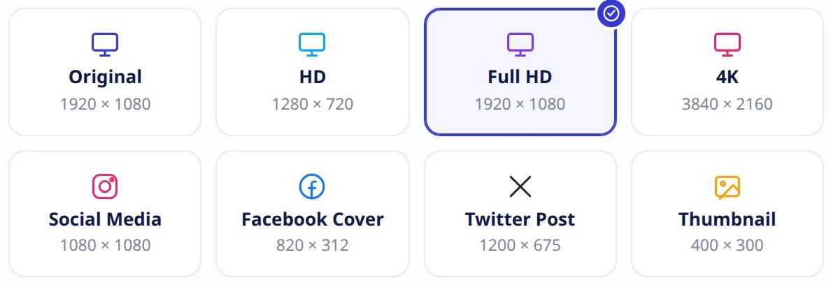 The preset tiles: Original, HD, Full HD, 4K, Social Media, Facebook Cover, Twitter Post and Thumbnail, each showing its pixel dimensions.