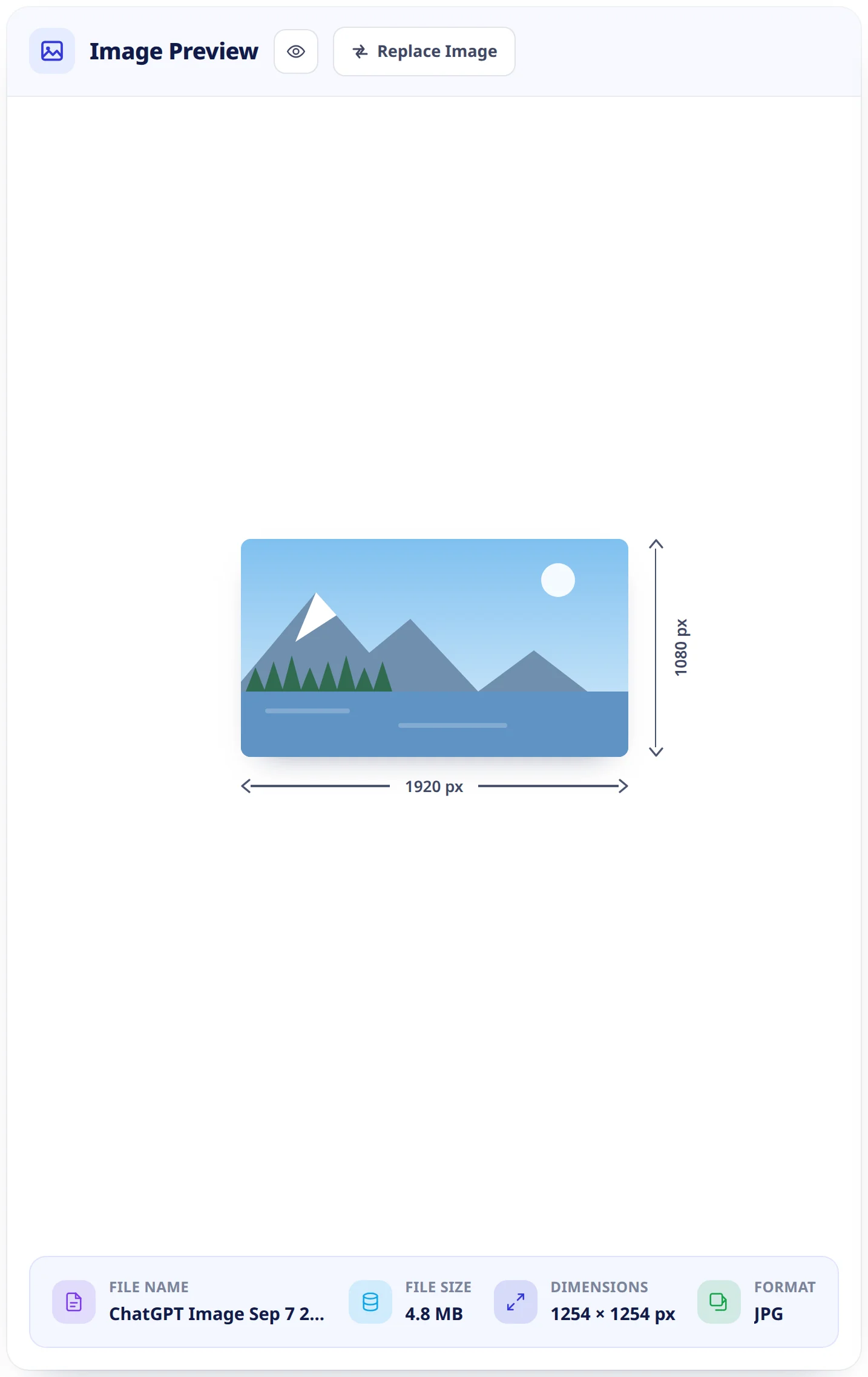The image preview card: the photo with measurement arrows along its right and bottom edges labelling the target dimensions, and a strip beneath showing file name, file size, dimensions and format.