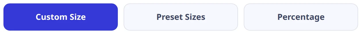 The three tabs across the top of the resize options: Custom Size selected, then Preset Sizes and Percentage.