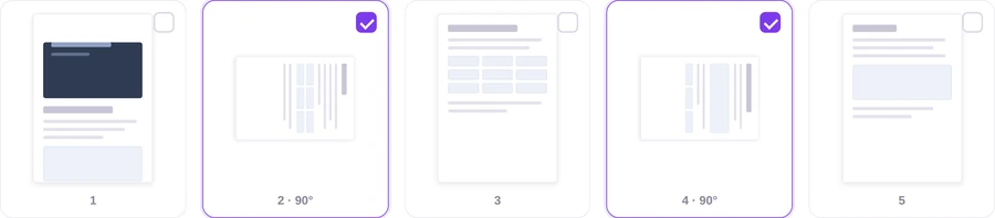 The page grid, with a checkbox on each page thumbnail and two pages marked for 90-degree rotation