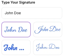 The typed signature field with four handwriting style previews