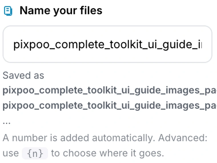 The Name your files field in Pixpoo Split PDF, showing the generated output filenames
