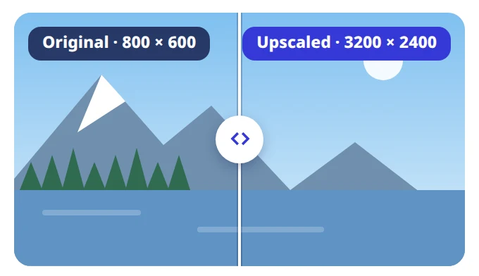 The finished screen with a draggable divider between the original and the upscaled image