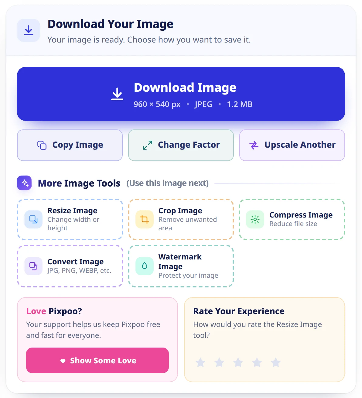 The download screen: a large download button showing the dimensions, format and file size, then Copy Image, Change Factor and Upscale Another, then a row of tiles for the other image tools.