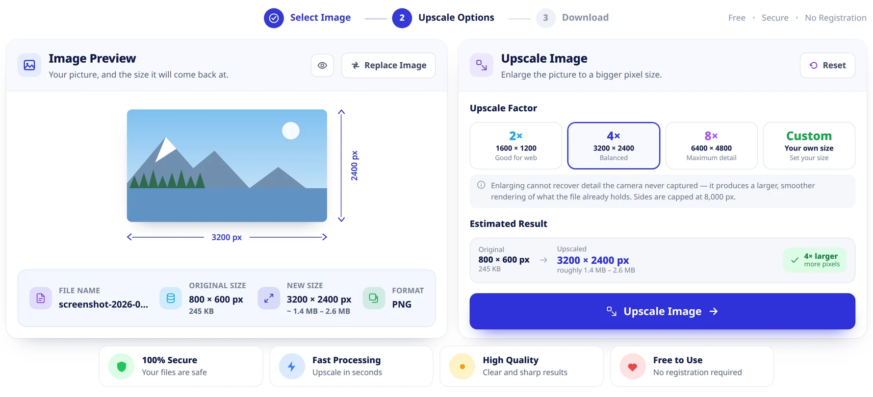 The upscale screen: the picture and its file facts on the left, and on the right the four factor tiles, a note about what enlarging can do, the estimated result and the Upscale Image button.