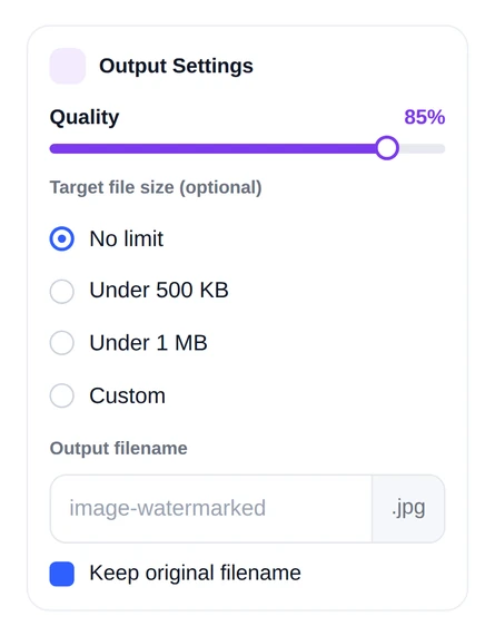 Output settings with a quality slider at 85 percent, target file size options and the output filename field
