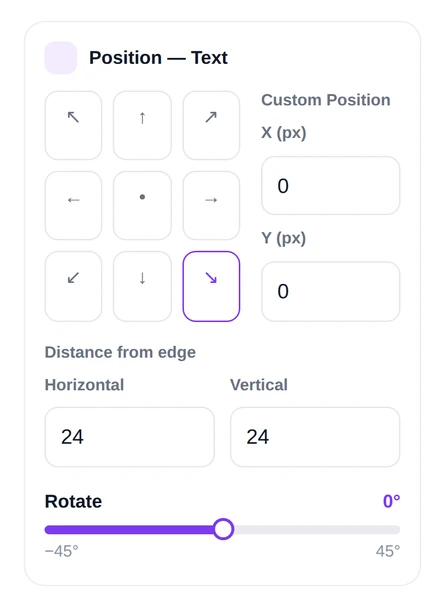 The position panel with a nine-way anchor grid, custom X and Y coordinates, edge distances and a rotate slider