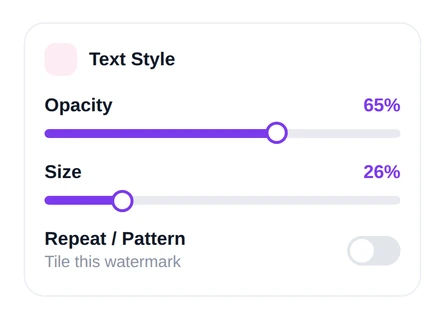 The text style panel with opacity and size sliders and the repeat or pattern toggle