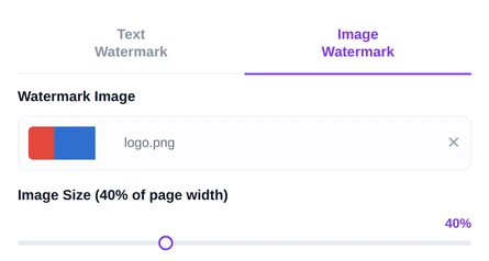 The Image Watermark tab with a logo loaded and an Image Size slider at 40 per cent